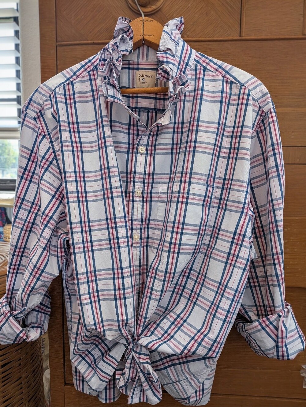 Viral Reworked Ruffle Collar Blue, Reddish Pink, White Plaid Old Navy